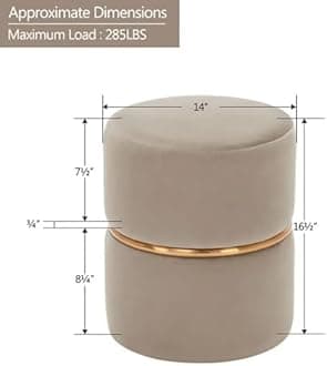 Round Footrest Stool with Linen Fabric Padded Seat Pouffe Ottoman in Velvet for Living Room-Khaki