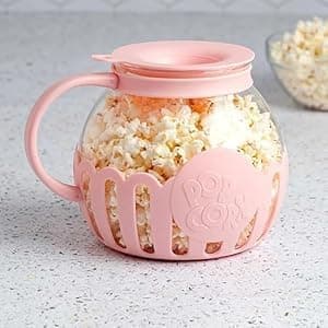 URBANMAC Patented Micro-Pop Microwave Popcorn Popper with Temperature Safe Glass, 3-in-1 Lid Measures Kernels and Melts Butter, Made Without BPA, Dishwasher Safe (Pink)