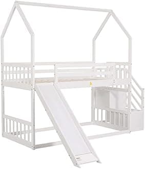 Twin Over Twin House Bunk Bed with Convertible Slide and Storage Staircase, Solid Wood Bunk Bed with Full-Length Guardrails for Kids Teens Boys Girls (White)