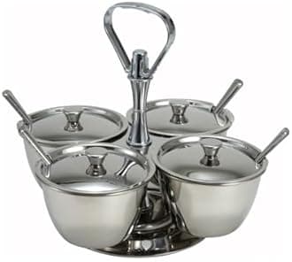 Soro Essentials- 4 Compartments Stainless Steel Relish Server 8 oz Capacity Per Cup- Serving Tray with Lid Condiment Server Condiment Serving Garnish Bar Container for Home Kitchen Restaurant