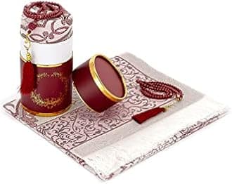 ihvan online Muslim Prayer Rug and Prayer Beads with Elegant Design Cylinder Gift Box, Janamaz, Soft Sajadah, Islamic Gifts Set, Portable Prayers Carpet Mat, Taffeta Fabric, Burgundy