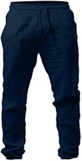 Mens Linen Trousers Cotton Jogging Bottoms | Elastic Beach Pants Comfortable Lightweight Pants | Loose Fit Drawstring Trousers Casual Yoga Pants | Baggy Pants with Pockets Straight