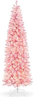 Best Choice Products Flocked Pink Pencil Christmas Tree, Pre-Lit Slim Artificial Holiday Decoration, 7.5ft Lighted Skinny w/Base, Warm White Lights