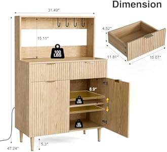 LCRBOL Coffee Bar Cabinet with Storage, Modern Sideboard with Drawers, Shelves, Outlet and Fluted-Door for Kitchen, Dinning Room, Living Room, Natural