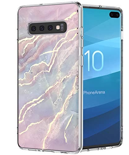 SPEVERT Compatible with Galaxy S10+ Plus Case Marble Pattern Hybrid Hard Back Soft TPU Raised Edge Slim Protective Cover Case for Samsung Galaxy S10+ Plus 6.4 inches - Pink Blue
