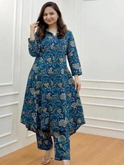GRECIILOOKS Women's Cotton Blend Floral Regular Fit Kurta Set (GL-W1836_Blue_S)