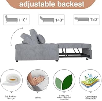 AVZEAR 4 in 1 Sofa Bed, Convertible Sleeper Chair Multi-Function Folding Ottoman Modern Breathable Velvet Guest Bed with Adjustable Sleeper for Small Room Apartment, (Grey)
