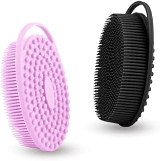 Soft Silicone Body Shower， Exfoliating Silicone Body Scrubber, Silicone Loofah 2 in 1 Bath and Shampoo Brush, Body Scrubber Shower Easy to Clean for Sensitive Skin, Lather Well 2 PCS Black and Purple