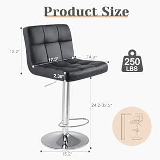 Sweetcrispy Bar Stools Set of 2, Armless PU Leather Adjustable Swivel Barstools, Hydraulic Kitchen Counter Height Thickened Seat Cushion Square Island Countertop Chairs with Back, Light Black