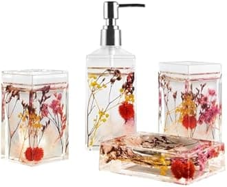 Locco Decor 4 Piece Acrylic Liquid 4D Floating Motion Bathroom Vanity Accessory Set Garden Botanic Pink Plants Toothbrush Holder, Tumbler, Soap Dispenser, Soap Dish