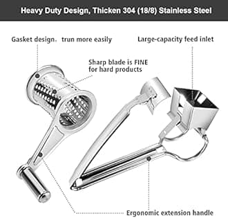 TONMA Multipurpose Rotary Cheese Grater with 1 Stainless Steel Handheld Drums for Parmesan, Mozzarella, Vegetables and More, Ergonomic Design