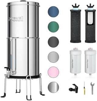 Purewell 7-Stage 0.01μm Ultra-Filtration Gravity Water Filter System with 4 Filters, Metal Water Level Spigot and Stand, 304 Stainless Steel, Reduce Fluoride & Chlorine, Up to pH 9, 2.25G, PW-OB-FT