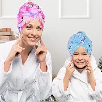 Basumee Microfiber Hair Towel Wrap for Kids 2 Pack Rapid Drying Hair Towel with Button Hair Turbans for Wet Hair Wraps Head Towel Wrap for Women and Girls, Blue and Purple Love
