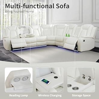 Power Recliner Sofa Sectional Couch with LED Light for Living Room,Leather Reclining Corner Sectional Sofa with 2 Recliner Seats,Cup Holder,Storage Console for House/Home Theater, Creamy
