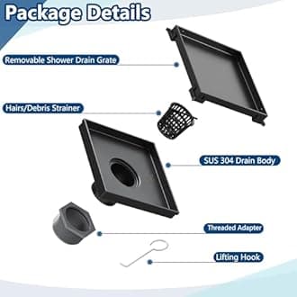 Neodrain 6-Inch Square Shower Drain with Removable Tile Insert Grate,Matte Black 304 Stainless Steel, CUPC Certified, Includes Hair Strainer