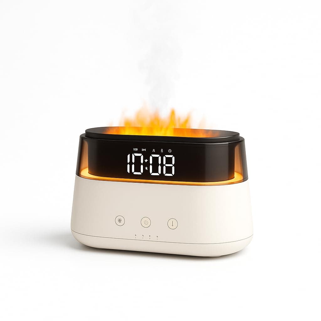 Smart Flame Humidifier & Aroma Diffuser with Clock, Night Light & Auto Timer – For Bedroom, Nursery, Office & Home Decor (White v2)