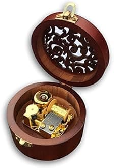 BinkeGG Play (Rhythm of The Rain) Brown Wooden Circular Hollow Out Music Box with Sankyo Musical Movement (65 Tunes Option)