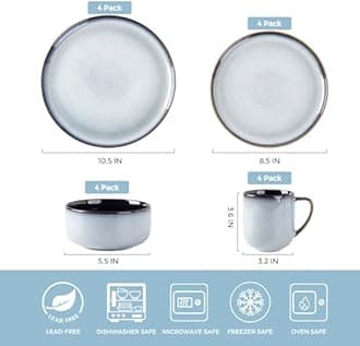 LERATIO Ceramic Dinnerware Sets for 4,16-PieceReactive Glaze Plates and Bowls Set with Mugs,Highly Chip and Crack Resistant | Dishwasher,Microwave & Oven Safe Dishes set-Gray White