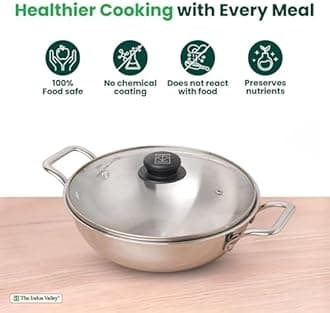 The Indus Valley Triply Stainless Steel Kadai With Glass Lid|Large 26Cm/10.2 Inch,3.5L,1.3Kg|Induction Friendly|Nonstick 3-Layer Body,100% Pure&Toxin-Free,4 Pound