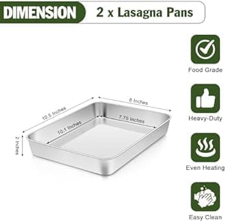 TeamFar Small Lasagna Pan Set of 2, 10.5’’ x 8’’ x 2’’ Stainless Steel Rectangular Brownie Cake Pan For Baking Roasting, Healthy & Sturdy, Brushed Surface & Dishwasher Safe, Deep Side