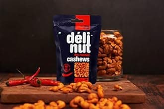 Delinut Sizzling Chilli Dry Roasted Cashews/Kaju 80g | Spicy & Crunchy WW240 Whole Cashew Nuts | Fiery Chilli Flavour | FOST Flavour Lock Technology | Nitrogen Flushed | No Added Oil, Colors or Preservatives