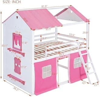 SOFTSEA Full Over Full House Bunk Bed for Kids, Wooden Floor Bunk Bed with Slide Ladder and Guardrails for Girls, Pink