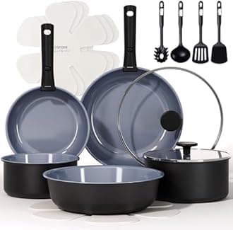 CAROTE 17PCS Ceramic Cookware Sets, Black and Gray, Pots and Pans Set Non Stick Non Toxic, Induction Cookware, Kitchen Cookware Sets, Pots Set for Healthy Cooking