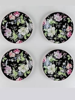 GOLDEN QUEEN'S Snack Plates Set of 4 | Perfect for Snacks, Desserts, Appetizers, Salads, Tapas, Cheese | 7 inches Wide | Microwave Safe (Garden Splendor in Black)