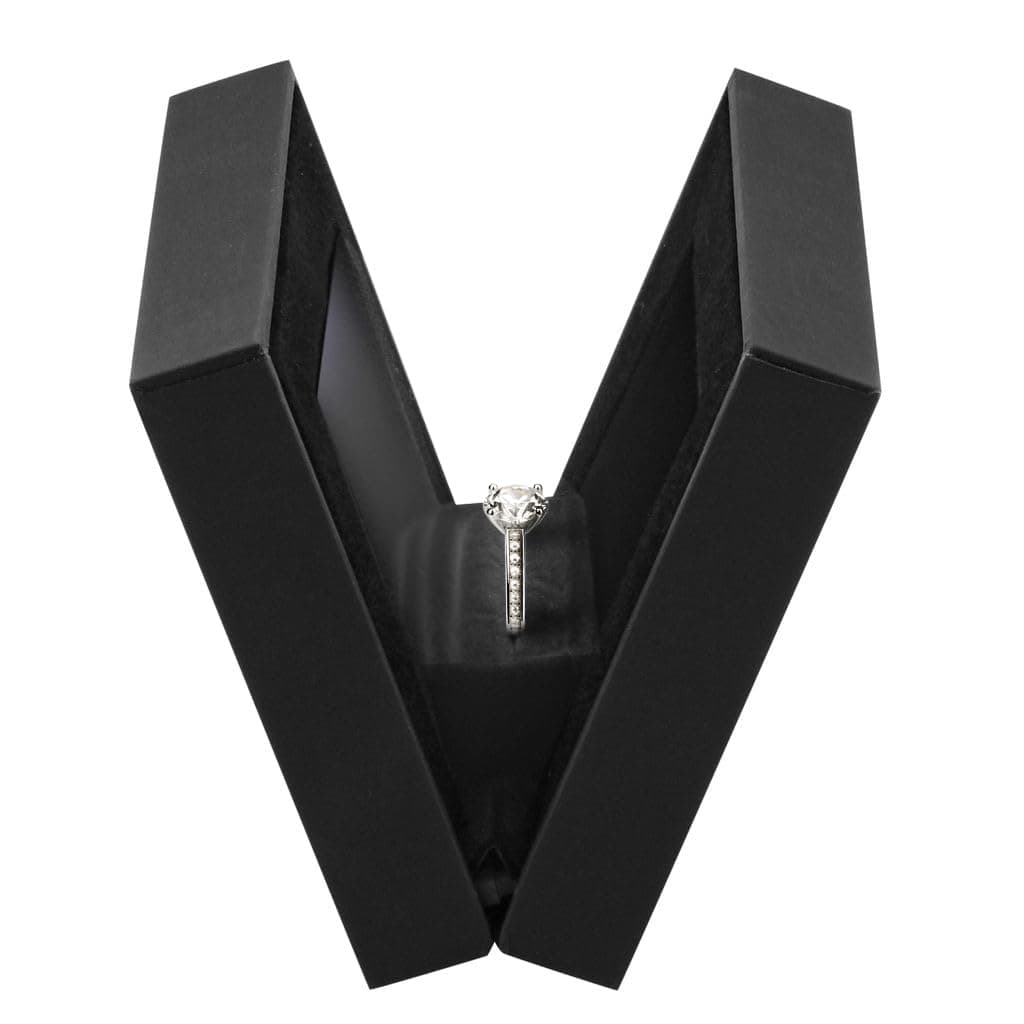 Allure - Slim Ring Box With LED Light, Square Shaped Elegant Flat Diamond Ring Case, Small, Black Velvet Interior Jewelry Display Gift Box For Unique Proposal, Engagement Or Wedding.