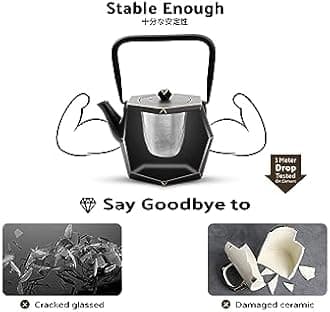 Tea Kettle, TOPTIER Japanese Cast Iron Teapot with Stainless Steel Infuser, Cast Iron Tea Kettle Stovetop Safe, Diamond Design Teapot Coated with Enameled Interior for 30 oz (900 ml), Black
