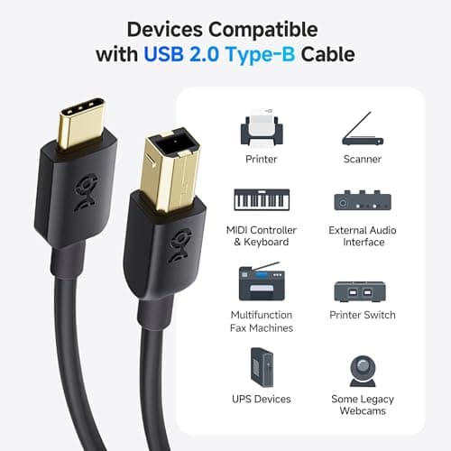 USB 2.0 Type C (USB-C) to Type B (USB-B) Printer Scanner Cable in Black 3.3 Feet