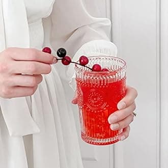 Kate Aspen Vintage Textured Clear Striped Drinking Glasses Set of 6, (13 oz) Ribbed Glassware Set with Flower Design | Cocktail Set, Glass Cups, Iced Coffee Cup