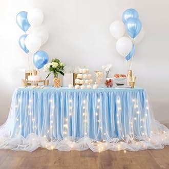 Leegleri Baby Blue Tulle Tutu Table Skirt With LED for Baby Shower, Wedding, Birthday Party - 14 ft for Rectangle or Round Tables