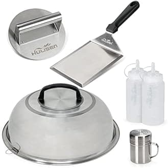 HULISEN Stainless Steel Burger Press, 12 Inch Basting Cover, Metal Spatula and Spice Dredge Shaker with 2-Pack Squeeze Bottles, Professional Griddle Accessories Kit for Camp Chef and Outdoor Grilling