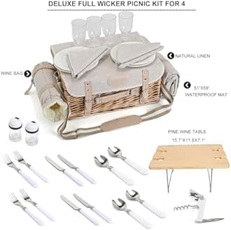 Multifunctional Wicker Picnic Basket Set for 4 with Blanket and Picnic Table, Insulated Picnic Set with Full Tablewares for Camping Outdoor Couples, Flowers