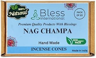 Bless-International Nag Champa 100%-Natural-Incense-Cones Handmade-Hand-Dipped Organic-Chemicals-Free for-Purification-Relaxation-Positivity-Yoga-Meditation The-Best-scents (20 Count)