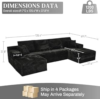 Modular Sectional Sofa Cloud Sectional Couch, 135" Comfy Fluffy U Shaped Black Couches for Living Room, Deep Seat Memory Foam Plush Corduroy Boneless Couch Sectionals with Right Facing Chaise Sofa