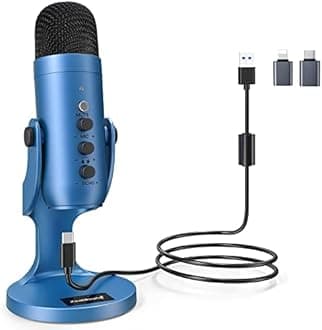 zealsound USB Microphone,Condenser Gaming Mic for PC/Laptop/Phone/PS4/5/Computer,Lightning & Type C Adapter Include,Microphone Gain Knob,LED Mute,Monitor,for Streaming, Podcast, Studio Recording-Blue