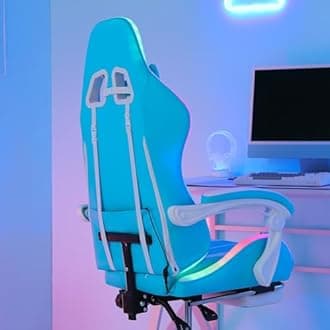 Gaming Chair with LED RGB Lights with Massage and Footrest Ergonomic Computer Chair High Back Video Game Chair with Adjustable Lumbar Support Linkage Armrest White and Blue