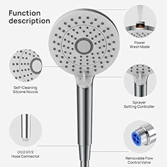 Shower Heads High Pressure with Spray, JOMOO 4 Functions Handheld Shower Head Built-in Power Wash for Adults/Children/Pet Bathing, Home/Bathroom/Toilet Cleaning, Chrome