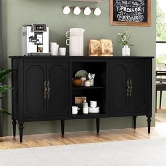Vintage Buffet Sideboard Cabinet with 4 Doors, 59" Mid Century Modern Storage Cabinet with Shelf, Decorative Accent Credenza Cabinet, Black Console Table for Living Room, Kitchen, Dining Room