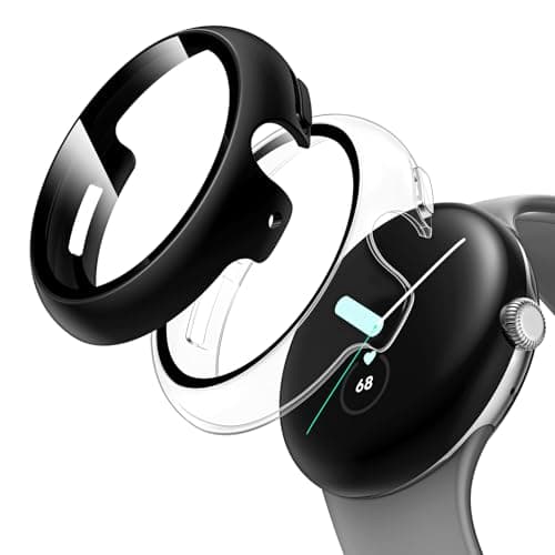 TAURI 2 Pack Hard Case for Google Pixel Watch 3 45mm with 9H Tempered Glass Screen Protector, [Touch Sensitive] [Full Coverage] Slim Cover for Pixel Watch 3 45mm(2024), 1 Black 1 Clear
