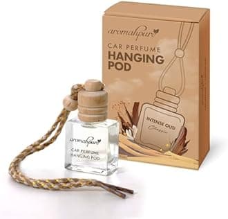 Aromahpure Premium Car Perfume Hanging Pod |10 ML |Oudh Fragrance Car Air Freshener |Natural Essential Fragrance Oils in Glass Bottle with Wooden Diffuser Lid |Last upto 30 Days, IFRA certified