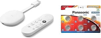 Chromecast with Google TV Snow – Streaming entertainment on your TV with voice search & Panasonic CR2032 Lithium 3 Volt Battery card of 6