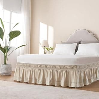 MIYE Wrap Around Ruffled Lace Bed Skirt, Elastic Dust Ruffle with Adjustable Belts, Easy to Put On, Bed Frame Cover, Machine Washable (Embroidered/Beige, Full/Twin-12.5" Drop)