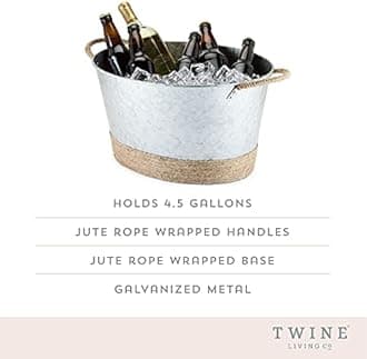 Twine Jute Rope Wrapped Farmhouse Galvanized Ice Metal Tub, Wine, Beer Bottle Bucket, 4.5 Gallons, One Size