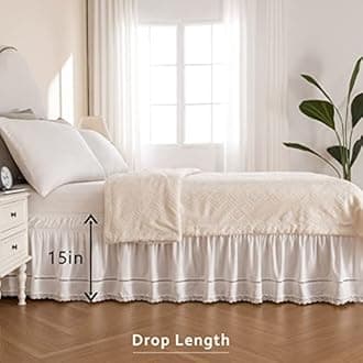 MIYE Wrap Around Ruffled Lace Bed Skirt, Elastic Dust Ruffle with Adjustable Belts,15 Inch Drop Easy to Put On, Bed Frame Cover, Machine Washable (Floral Lace, Full/Twin-15)