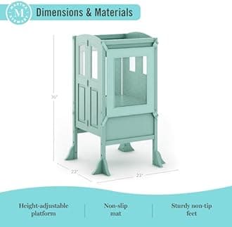 Martha Stewart Kitchen Helper Stool by Guidecraft with 2 Keepers - Mint: Kids Wooden Kitchen Furniture, Adjustable Height Counter Step Stool for Toddlers