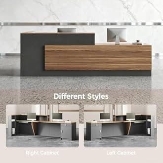Huariifowm Modern L-Shaped Reception Desk with Hutch, Reception Counter Table, Lockable Drawer Door Cabinet, Office Wooden Computer Front Desk (European Oak+lron Gray-Left Cabinet, 94L*24" W*41" H)