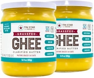 2 PACK Tin Star Foods 16 oz GRASSFED GHEE made with Certified and Sustainably Farmed Grassfed Butter. Traditional Ghee Made In Kettles And Shipped In Glass Jars. Produced In Dallas TX. Desi Style Ghee, Indian Owned Company. Shipped Immediately After Production. Keto, Whole30, Vegetarian